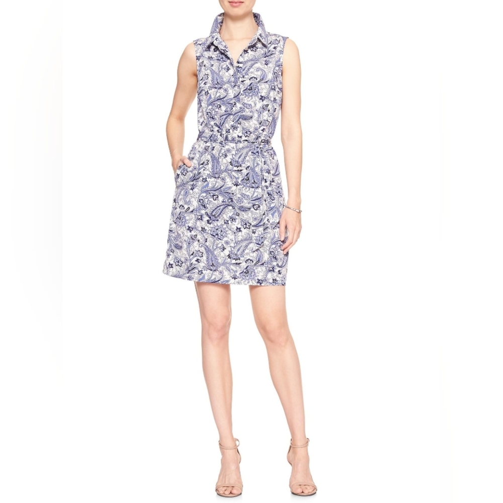 Banana Republic Blue and White Paisley Shirt Dress With Belt, Size 6